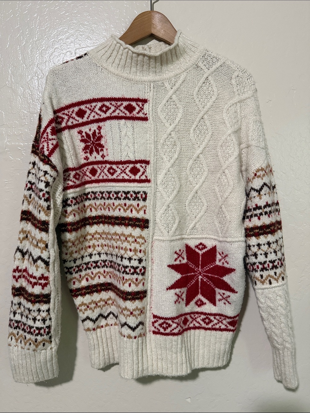 American Eagle Outfitters Patchwork Fair Isle Cable Knit Mock Neck Sweater M